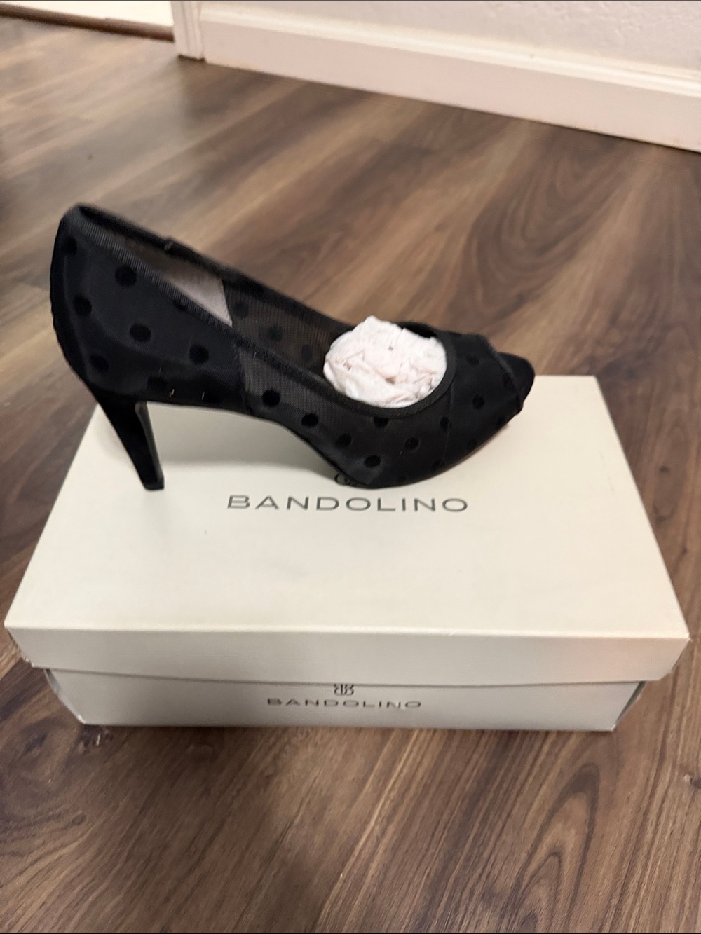 Bandolino Black Polka Dot Mesh Peep-Toe Heels